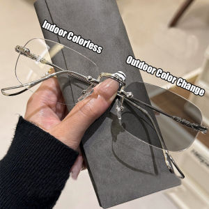 Square Fashion Photochromic Glasses Small Frame High-End Anti-Blue Light Glasses Retro Frameless Eyeglasses Cermin Mata