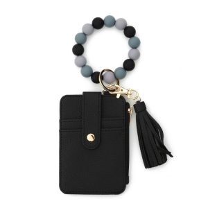 NOVELLEO สไตล์โบฮีเมียน ที่เก็บบัตร สร้อยข้อมือ พวงกุญแจ ดีไซน์ดอกไม้ หนังเทียม กระเป๋าใส่กุญแจประดับลูกปัดและพู่ ดีไซน์ที่ไม่ซ้ำใคร ห้อย กระเป๋าใส่บัตรแบบสายรัดข้อมือพร้อมพวงกุญแจ กระเป๋าเสริม