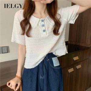 IELGY summer new flower short-sleeved Polo collar pleated lapel sweater niche temperament unique top women