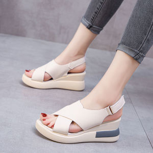 Women Leather Wedge Sandals Korean Fashion 6.5cm High Heeled Shoes