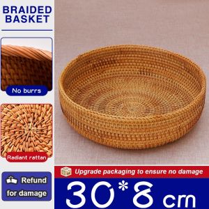 SG StockRound Woven Rattan Fruit Basket - Natural Bamboo Storage Tray for Living Room Decor