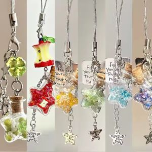 6Pcs Lucky Four Leaf Clovers Keychain Charm Fashion Star Bottle Mobile Phone Lanyard Kawaii Bag Decorative Accessories Keyring