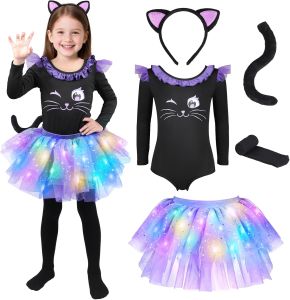 GIFTINBOX Black Halloween Cat Costume for Girls Light Up Outfit Kids 3-8
