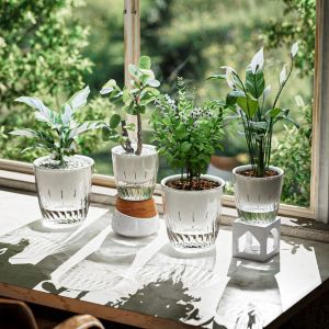 JVKISX Transparent Self-priming Flowerpot Durable Thicken Seedling Tray Plant Grow Container Double-layer Flower Vase Water Cultivation Plant