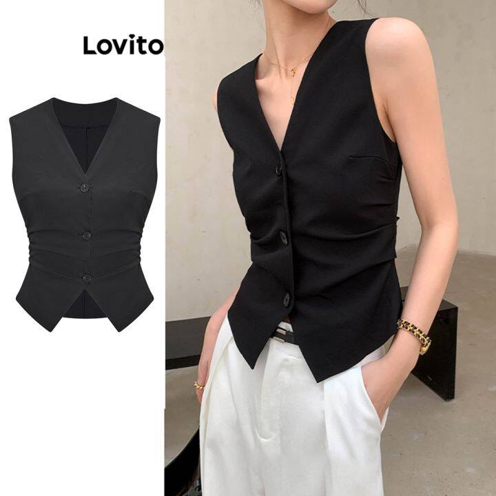 Essential Item) Lovito Casual Tupe Tops Elegant Plain Seamless