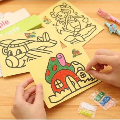 S ทรายโรยสี สติกเกอร์ทราย แผ่นโรยทราย 20.5*15 cm คละลาย - sand sticker SMALL 20.5x