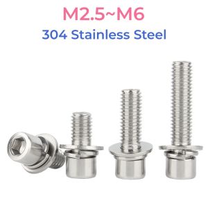 GB70.1 304 Stainless Steel Hexagon Hex Socket Cap Head Screws M2.5 M3 M4 M5 M6 With Flat Washer Spring Gasket Assemble Bolts