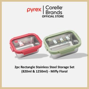PYREX 2pc Rectangle Stainless Steel Storage Set (820ml & 1250ml) - Miffy Floral