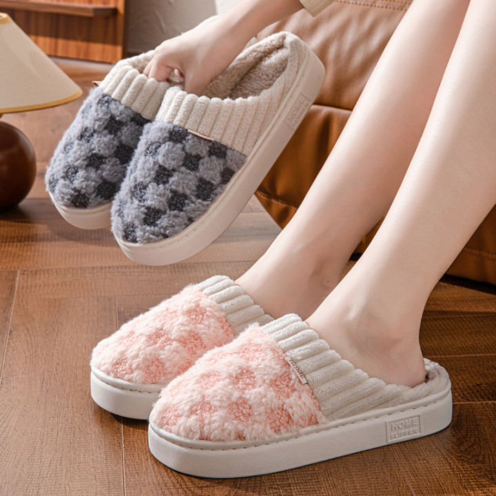 Plaid splicing male and female couples indoor and outdoor corduroy warm  cotton slippers Lazada PH