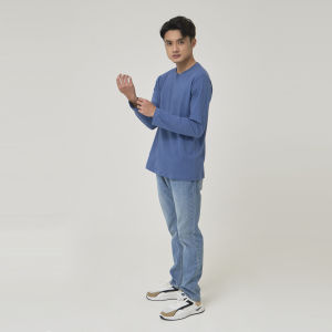Kaos Polos Pria Oneck Lengan Panjang Bahan Katun Combed 30s Warna Steel Blue