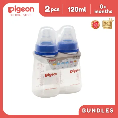 Pigeon Official - PP Standard Slim Neck Feeding Blue Bottle Slow Flow (S) for Newborn 120ml 0+ Months Twin Pack Anti Colic No Nipple Confusion BPA Free Soft Flexible Nipples Japan No. 1 Brand
