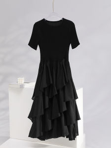 Miyake Style Wrinkle Loose Dress - Versatile Slim-Fit Solid Color Round Neck Short Sleeve Tiered Dress #20240672