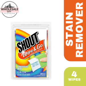SHOUT WIPE AND GO INSTANT STAIN REMOVER 4 IDIVIDUAL WIPES