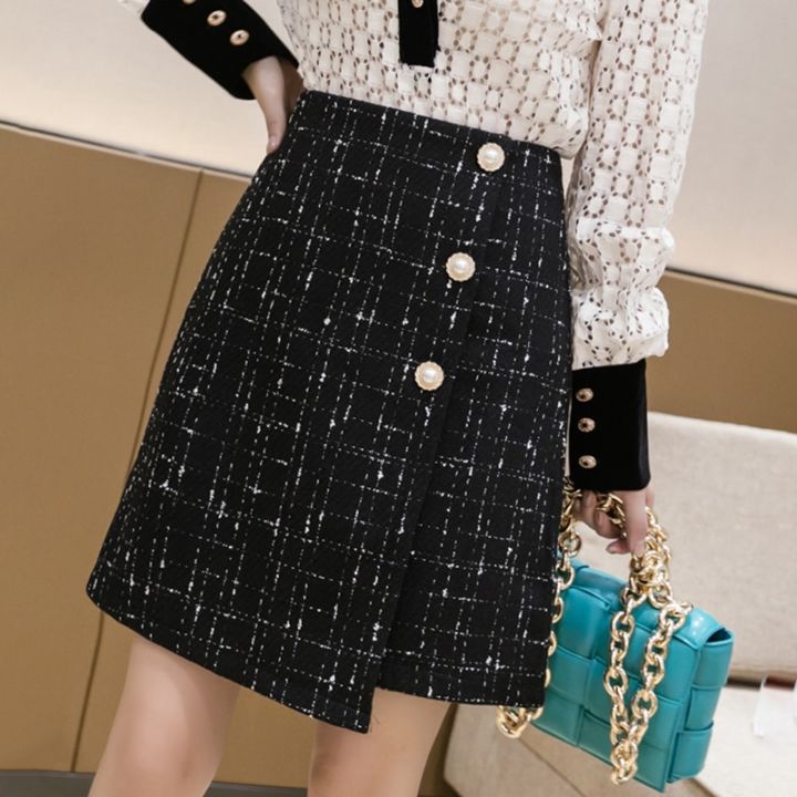 Pearls Buttons Plaid Tweed Skirts Women High Waist Pencil Black