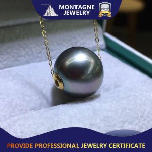 Montagne Jewelry Natural 12mm Flawless Seawater Black Pearl Pendant 18K Pure Gold Necklace