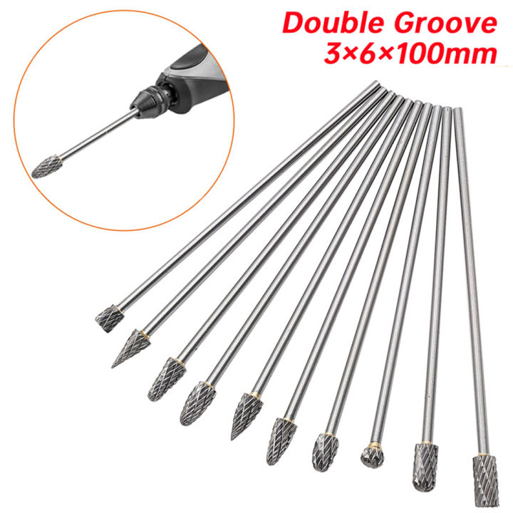 10pcs 3mm Shank Drawing Tungsten Carbide Milling Cutter Rotary Tool Burr Double Diamond Cut Rotary Dremel Metal Wood Electric Grinding【free A Conversion  Adapter】Carbide Tungsten Steel Double Rotary File Head Woodworking Grinding Head Root Carving Cutt