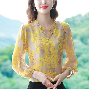Tianshun New Hot Selling Temperament 3/4 Sleeve Womens Top Korean Fashion Chiffon Printing Work Dress OL Daily Casual Shirt