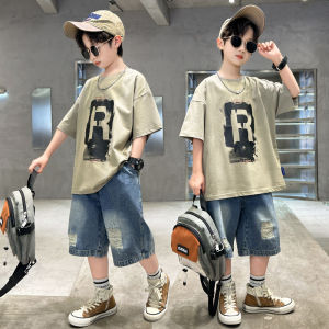 New Boys Fashion Summer 2pcs Cotton T-shirts+Denim Shorts Sporty Suits Teenage Kids Korean Style Outfits Sets Children Clothes2026