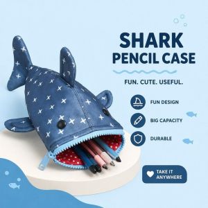 Shark Design Pencil Case Large Capacity Durable Canvas School Office Travel Stationery Organizer