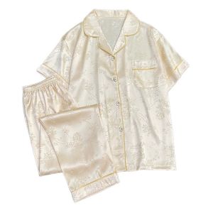 Baju Tidur piyama/Piyama wanita sutra sintetis yang baru diimpor/baju tidur/baju piyama/baju tidur wanita/baju dinas malam wanita hot/baju dinas malam wanita hot/Baju Tidur Wanita Setelan Lengan Pendek Celana Panjang Lembut/baju tidur cewek/model baru