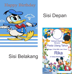 PAKET 50pcs Undangan Ulang Tahun Karakter Donald Duck Gambar 2 Sisi 9x14cm Free Plastik
