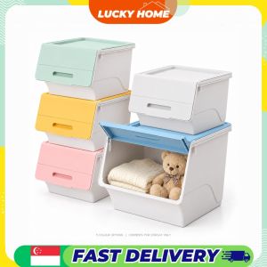 【Lucky Home】 Flip Open Storage Box Stackable Plastic Organizer with Folding Lid for Toys Clothes and Snacks