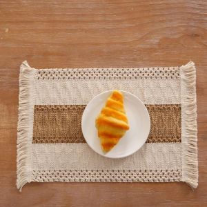 30*45cm Hemp Rope Rattan Placemat Vintage Woven Cotton Linen Fringed Tableware Mat for Dining Table