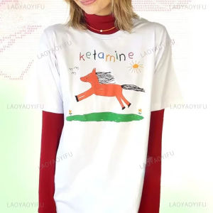 [Local Stock] HBESTY  KETAMINE Funny Cartoon T Shirt Horse Anime Graphic Women Men Tees Loose Casual T-shirts Hipster Harajuku Cotton Couples Tshirts