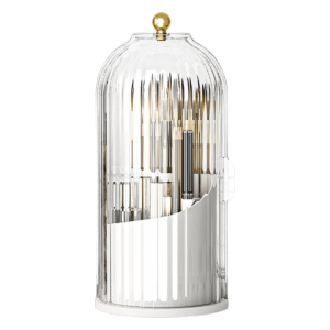 KINTHAZER ป้องกันฝุ่น ที่ใส่แปรงแต่งหน้าพร้อมฝาปิด 360 ° หมุน ความจุขนาดใหญ่ กล่องเก็บดินสอเขียนคิ้ว ถังเก็บของ โปร่งใส ที่จัดระเบียบเครื่องสำอางหรูหรา สำหรับโต๊ะเครื่องแป้ง