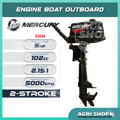 Agrishop Mercury 5MH 5HP 2 Stroke Petrol Engine Outboard c/w Quiksilver Fuel Tank & Fuel Hose (Made In Japan)