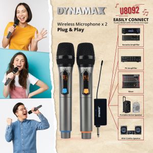 (MCMC) DYNAMAX U8092 Dual UHF Wireless Vocal Dynamic Microphone Headset Mic Mikrofon Wireless Mic Rechargeable Receiver