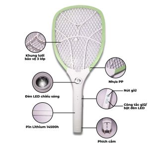 Vợt Muỗi Nanoco NMR101G/NMR101P Thời gian sạc đầy 8 giờ Khung lưới bảo vệ 3 lớp - CHB