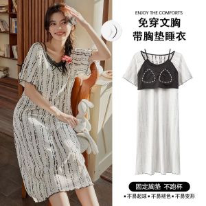 ins hot Sweet Thin pajamas with Chest pad Fake Two Ice Silk Sleeping Skirts for Women girls Summer High Grade Loose nightdress Can be Wearing Outerwear Dress