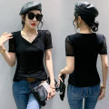 YIMEI Fashion short-sleeved mesh top Women's 2023 summer new design sense Slim fit sexy V-neck top Khaki T-shirt. 