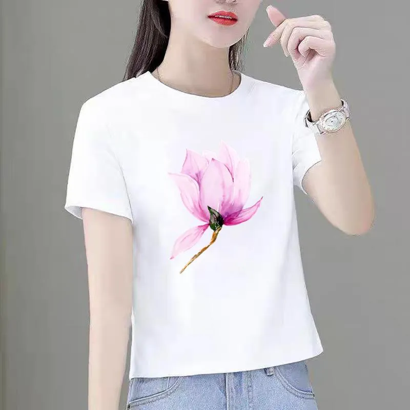 Flower Lovely Trend Cute 90s Tee Clothing Top Short Sleeve Woman Female T  Shirt Fashion Print Women's Lady Graphic T-shirts