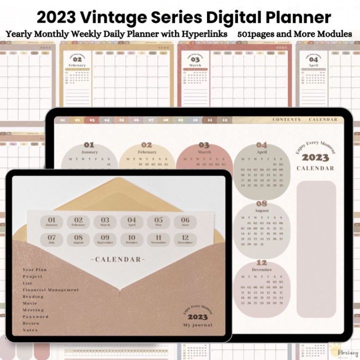 2023 Vintage Series Digital Planner Journal Planner Yearly Monthly ...