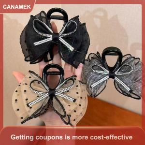 【CANAMEK 】 Elegant Mesh Bow Hair Clips Women Ponytail Claw Clip Sparkling Rhinestone Clips Hairpin Girls Headdress Hair Accessories Gifts