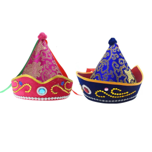 Traditional Mongolian Hat Princess Headwear Embroidered Blue Caps for Men and Women Exotic Hat Elegant Rhinestones