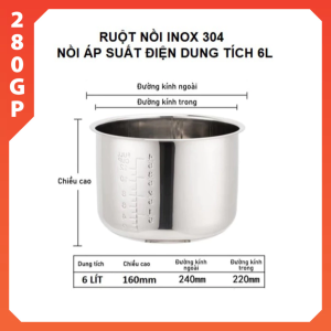 Lòng nồi áp suất Inox 304 Ruột nồi áp suất Inox 6L cho nồi áp suất đa năng lắp lẫn các thương hiệu Khaluck Home