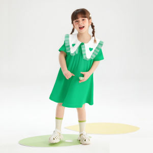 GUOYIHUA 1-7ปี Baby Girl Dress เด็กสาวแขนสั้นชุดน่ารักลูกไม้ปกหัวใจรักเด็กโปโลเจ้าหญิงกระโปรง