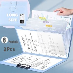 2Pcs Expanding File Folder Organizer Clipboard with Cover Paper Organizer Clip Board Long Size Document Bag 8 Pockets