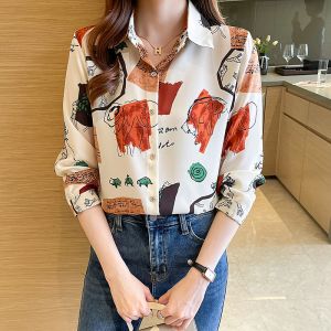 TianShun New Korean Fashion Chiffon Soft Fabric Long sleeved Shirt Casual Work Wear OL Printed Shirt Top Womens Casual Shirt In stock
