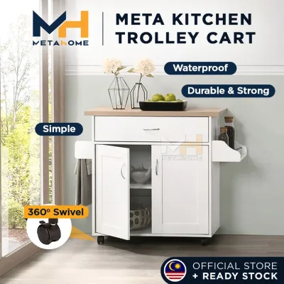 Troli Dapur MetaHome META Kitchen Cart with Wheels Sideboard Portable Kitchen Table Island Trolley Rack Cabinet MODA