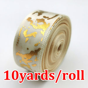 (10 Yards/Roll) 25mm Width Marble Pattern Gold Foil Hot Stamping Satin Ribbon Gift Wedding Ribbons Roll Wholesale