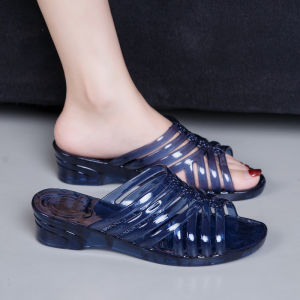 [Free Shipping] Transparent Crystal Womens Plastic Wedge Sandals Summer Wedge Thick-Soled Home Outdoor Sandals Plastic Slippers