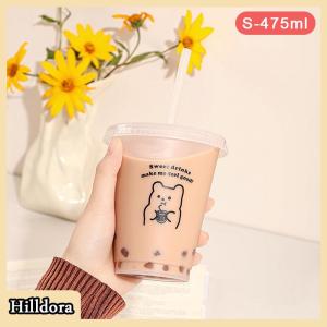 [Hilldora] Kawaii Water Bottle For Coffee Juice Milk Tea Cute Plastic Cold Cups With Straw Lid Portable Reusable Drinking Bottle BPA Free