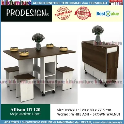 Set Meja Makan Lipat Roda + 4 Kursi ALLISON DT120 Dining Table
