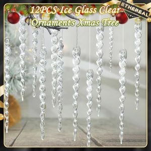 12PCS Simulation Ice Glass Clear Ornaments Xmas Tree Hanging Pendant Glitter Icicle Ornament Christmas Acrylic Party Supplies Plastic Make up