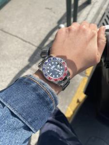Mens Quartz Watch - Red & Blue Ceramic Bezel (Coca-Cola Style) Black Dial Stainless Steel Bracelet Divers Watch Waterproof Glows in the Dark
