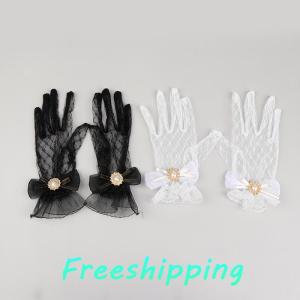 baoxue Girl Lolita Mesh Bow Flower Lace Gloves Black White Lace Gloves lolita Lace Sleeves Cosplay Jewelry